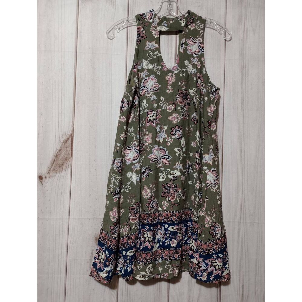 Blue Rain Olive Green Floral Halter Keyhole Mini Dress Womens Small 26Q207TL5D‎